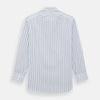 View 6 of product The Turnbull & Asser Blue Fine Multi Pinstripe Mayfair Shirt features long sleeves, an organic cotton build, a T&A collar, and vertical blue stripes. Laid neatly on a white background.