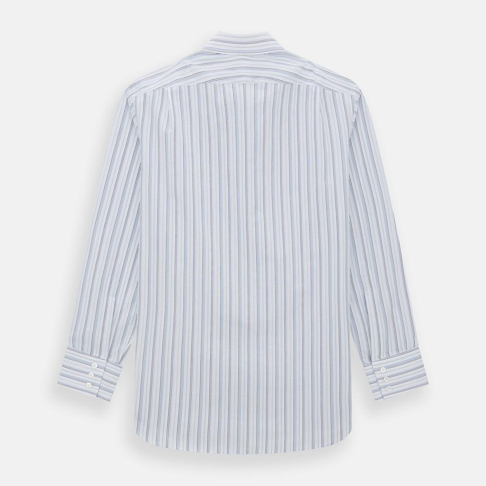 The Turnbull & Asser Blue Fine Multi Pinstripe Mayfair Shirt features long sleeves, an organic cotton build, a T&A collar, and vertical blue stripes. Laid neatly on a white background.