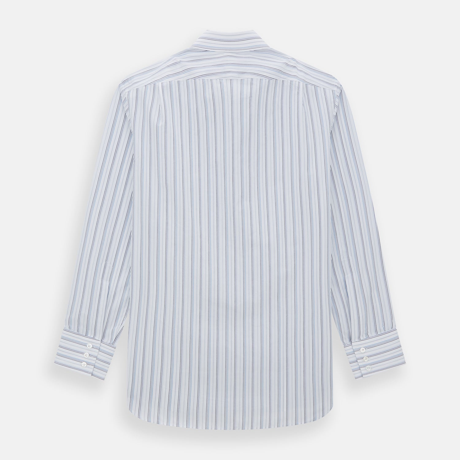 View 6 of product The Turnbull & Asser Blue Fine Multi Pinstripe Mayfair Shirt features long sleeves, an organic cotton build, a T&A collar, and vertical blue stripes. Laid neatly on a white background.