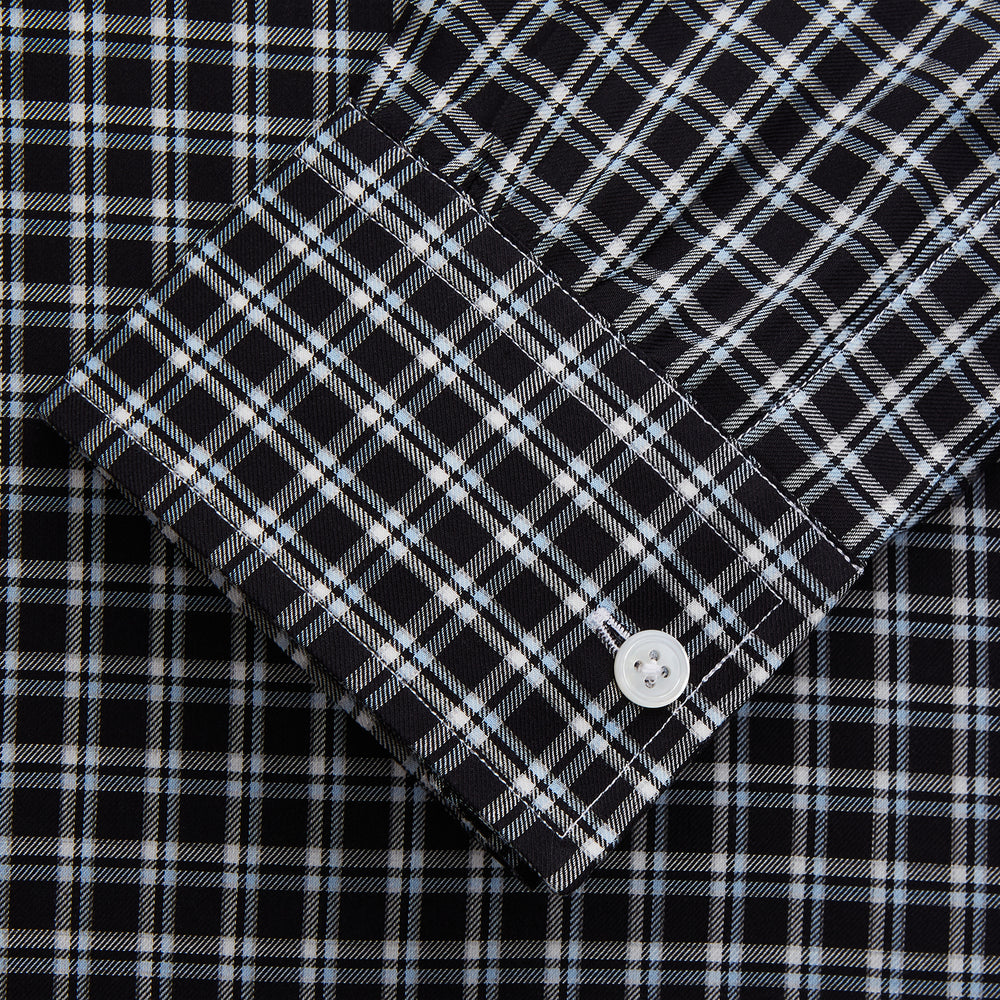 The Turnbull & Asser Black Multi Check Cotton Blend Weekend Fit Hayne Shirt features a Dorset button-down collar and white buttons, with a black and white plaid pattern, shown laid flat on a white background.