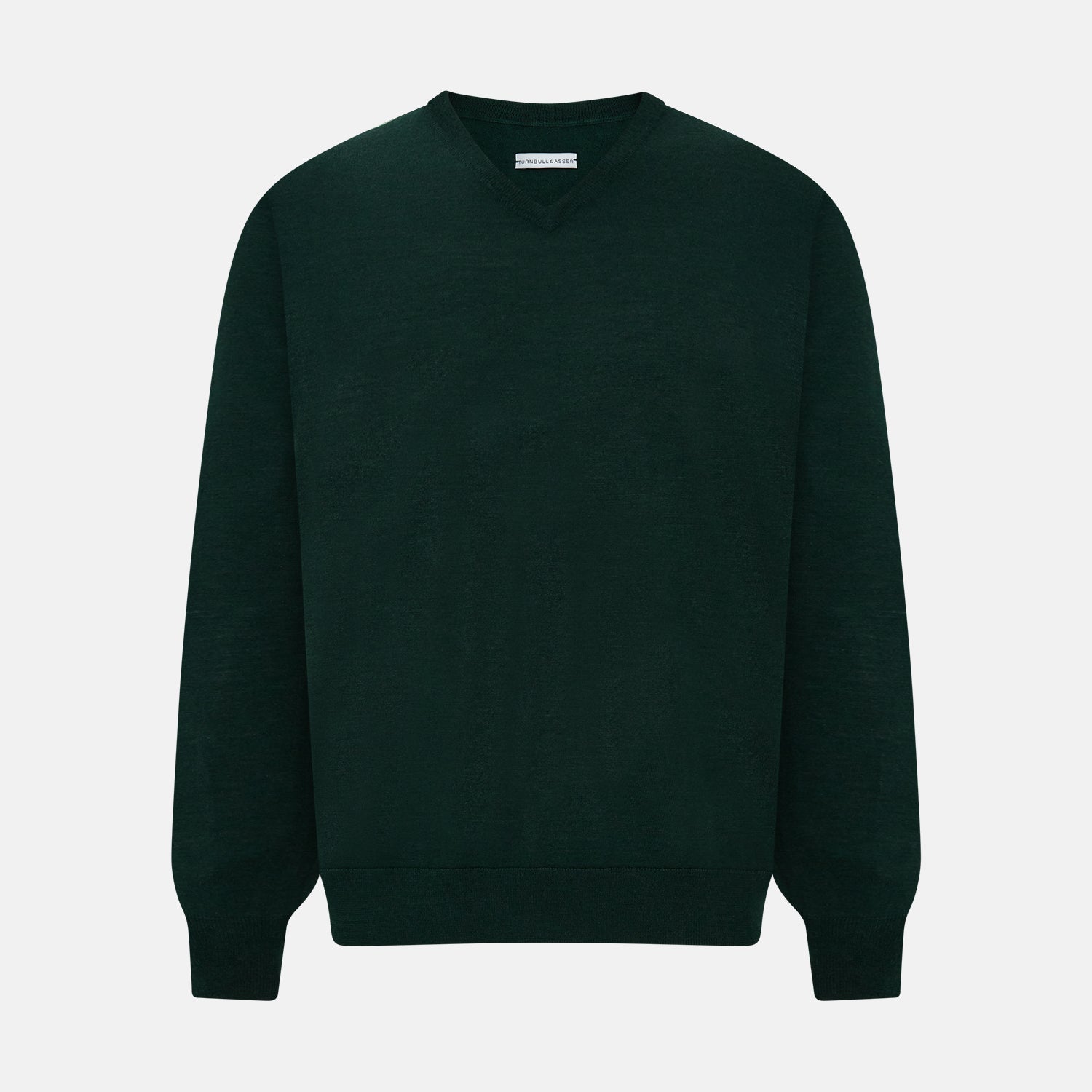 View 1 of product The Turnbull & Asser Forest Green Fine Merino V-Neck Jumper features long sleeves, ribbed cuffs and hem—classic knitwear for any wardrobe, shown on a white background.