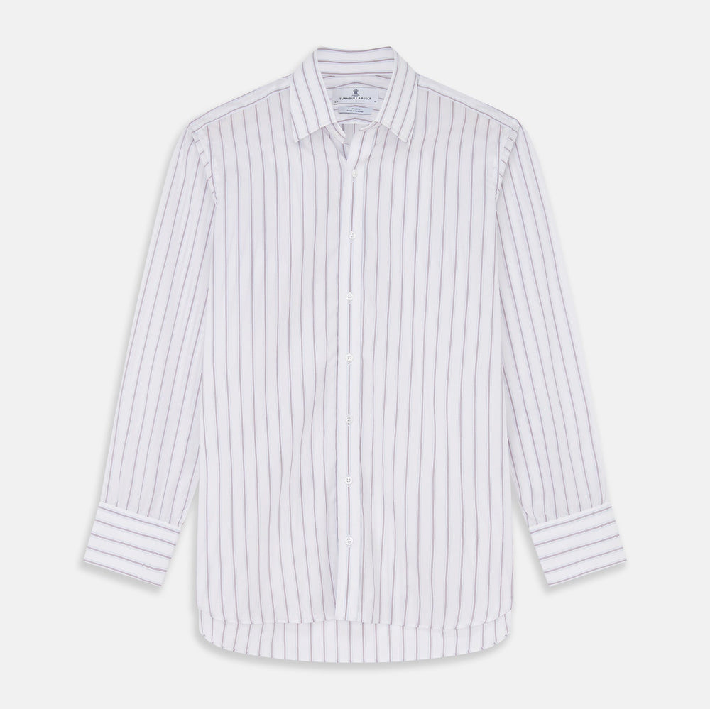 A close-up of Turnbull & Asser’s Red and Blue Multi Stripe Cotton Fabric, featuring evenly spaced thin blue and red stripes on white cotton, shown inside a circular frame on a light gray background.