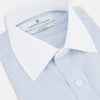 View 2 of product Turnbull & Asser Sky Blue Hairline Multi Stripe Shirt features a contrasting T&A collar and cuffs, long sleeves, and button-down front. Displayed against a plain white background.