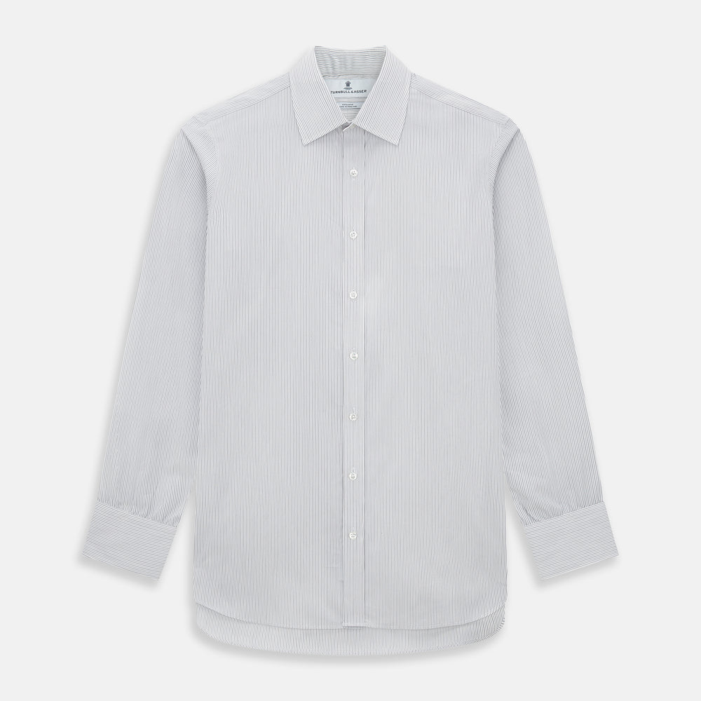 The Turnbull & Asser Midnight Blue and Grey Fine Stripe Mayfair Shirt features long sleeves, pure cotton fabric, a pointed collar, button-down front, and buttoned cuffs—ideal for formal wear.