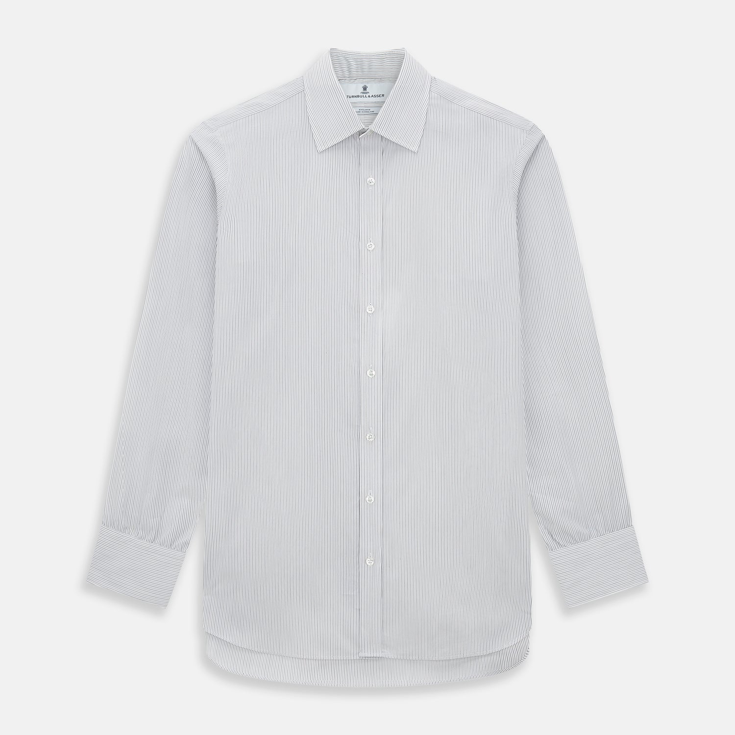 View 1 of product The Turnbull & Asser Midnight Blue and Grey Fine Stripe Mayfair Shirt features long sleeves, pure cotton fabric, a pointed collar, button-down front, and buttoned cuffs—ideal for formal wear.