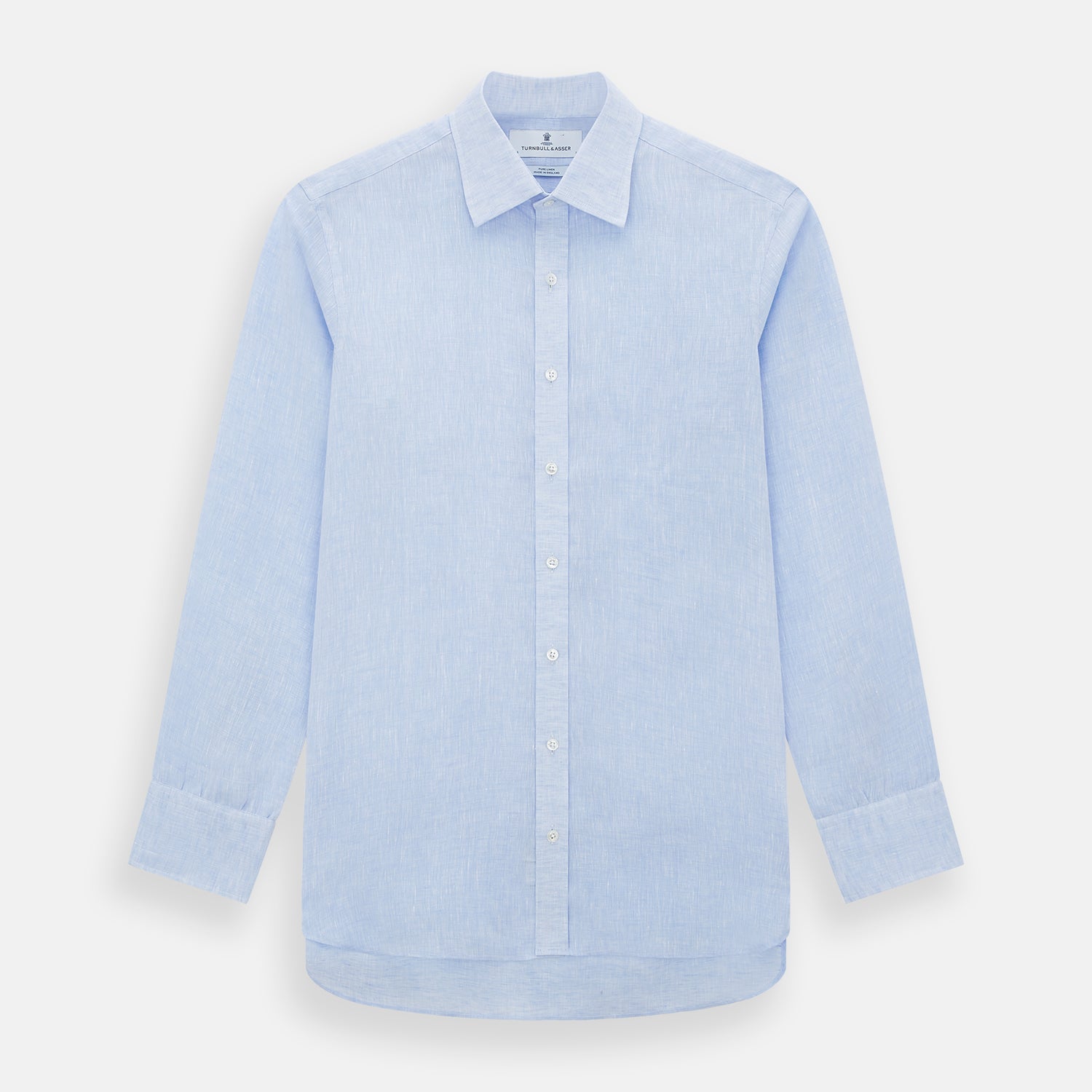 View 1 of product The Turnbull & Asser Pale Blue Linen Mayfair Shirt features a collar, front pocket, and white buttons. This long-sleeve shirt is displayed on a white background.