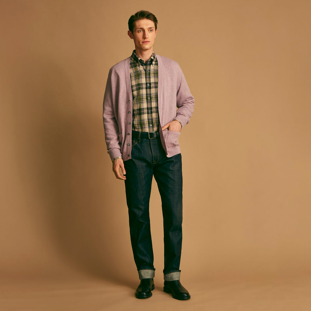 Turnbull & Asser Green & Purple Check Weekend Fit Linen Shirt with Dorset collar and 1-button cuffs, shown flat on a white background.