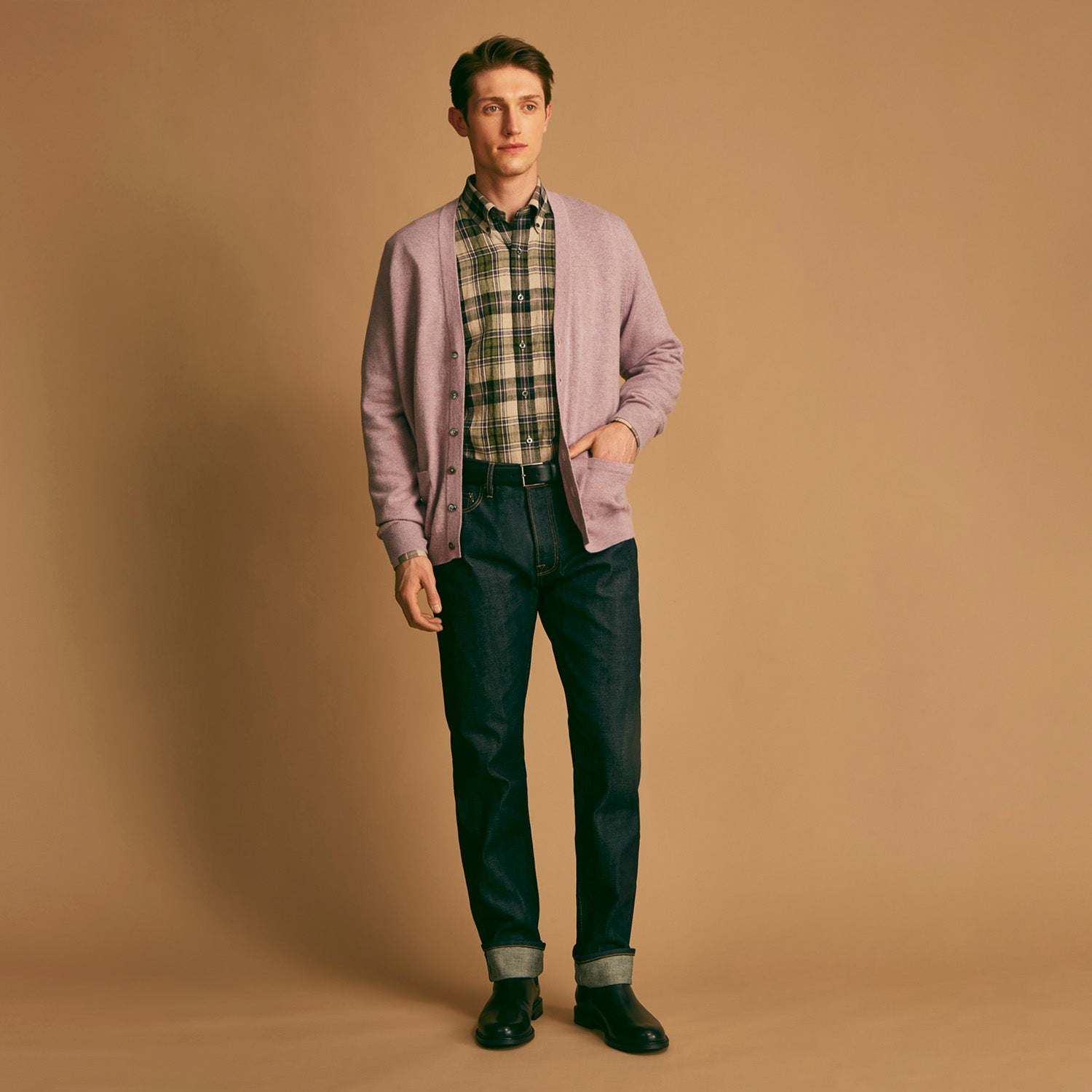 View 7 of product Turnbull & Asser Green & Purple Check Weekend Fit Linen Shirt with Dorset collar and 1-button cuffs, shown flat on a white background.