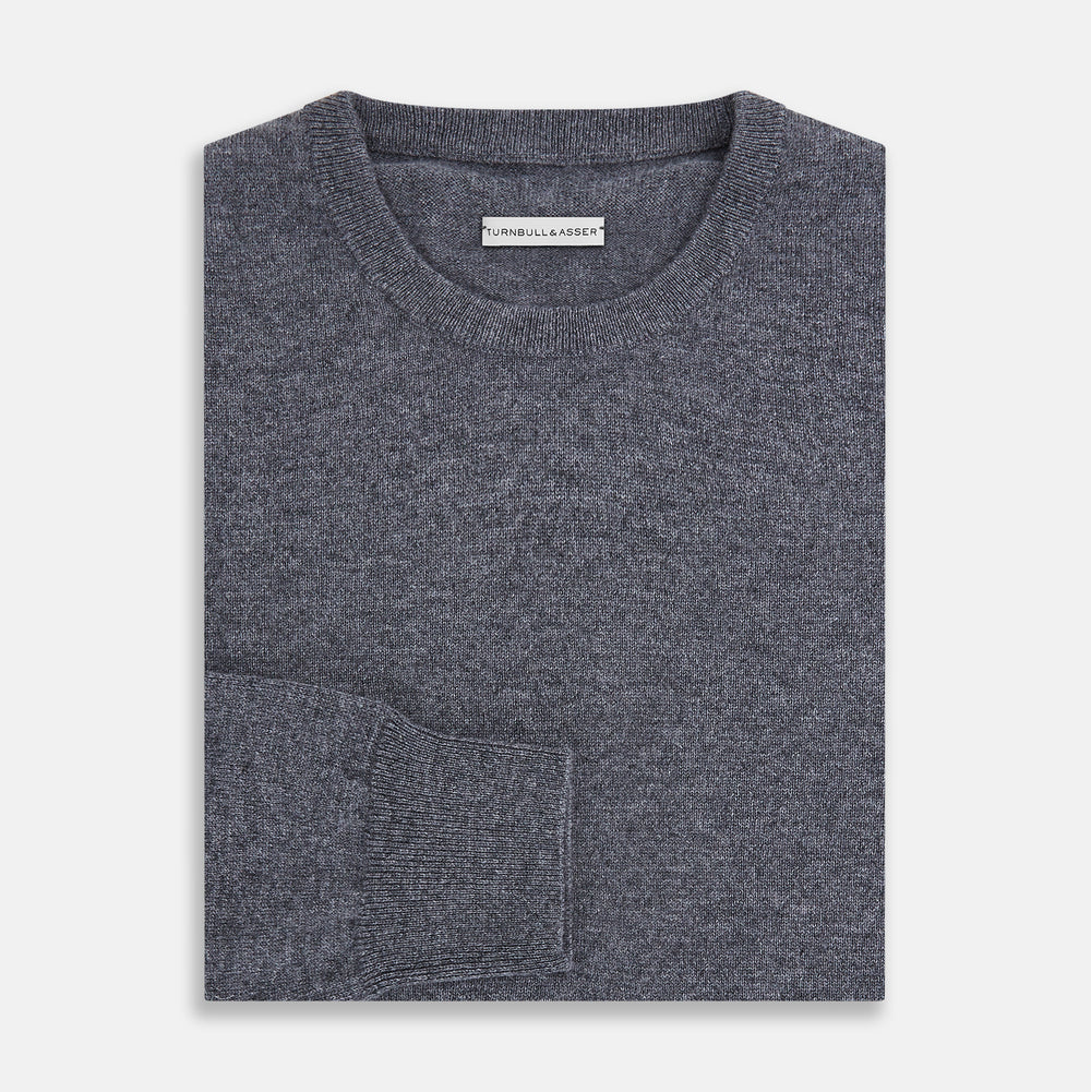 The Turnbull & Asser Melange Grey Crew Neck Cashmere Jumper, a smart-casual long-sleeve sweater, is shown on a white background.