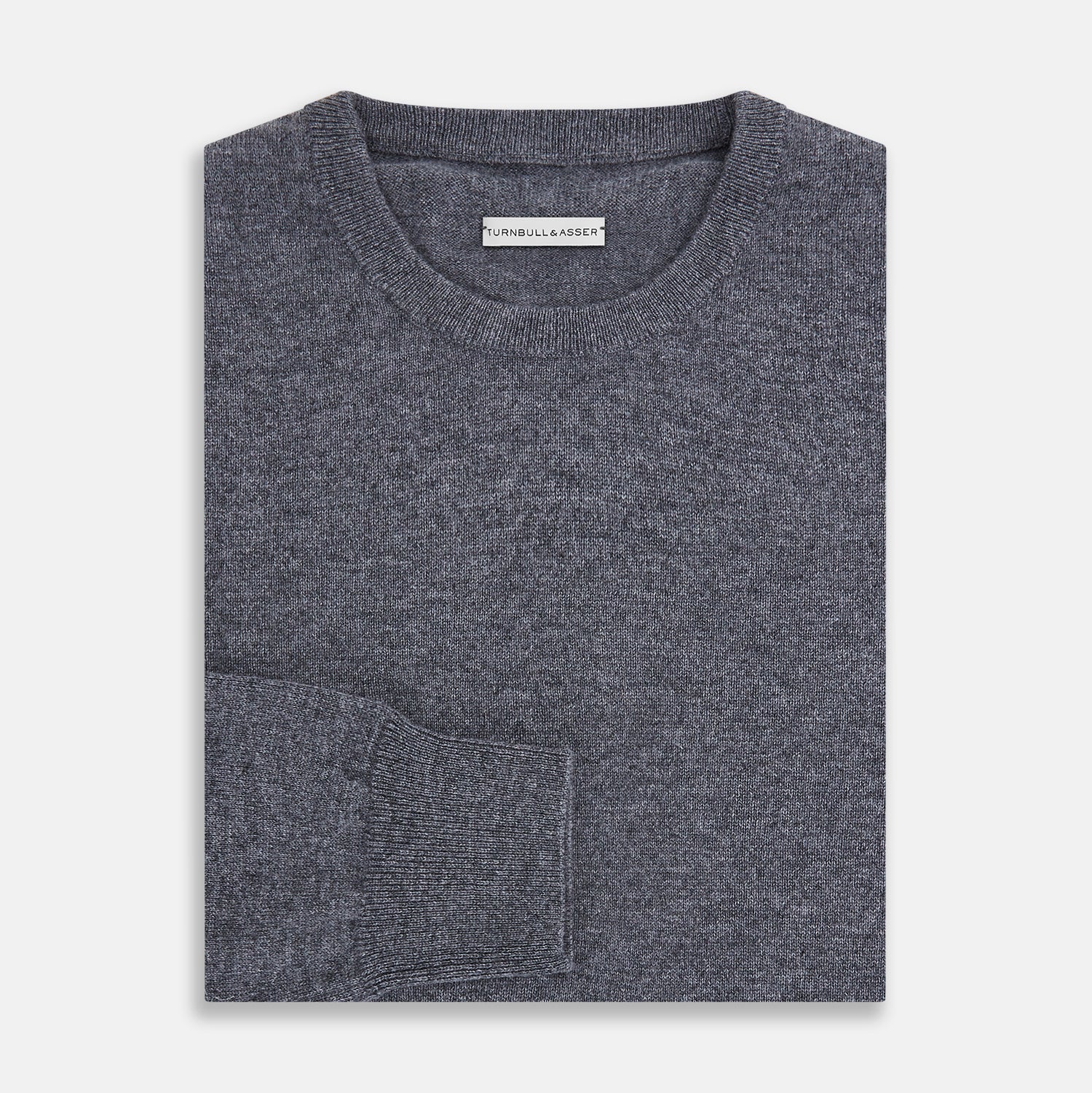 View 4 of product The Turnbull & Asser Melange Grey Crew Neck Cashmere Jumper, a smart-casual long-sleeve sweater, is shown on a white background.
