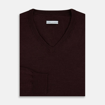 Burgundy Fine Merino V-Neck Jumper Image 6