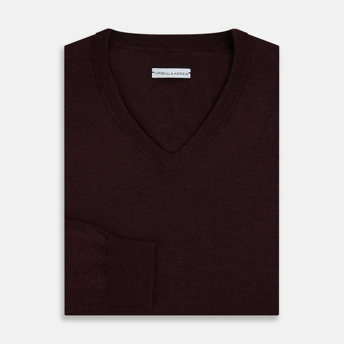 Burgundy Fine Merino V-Neck Jumper Image 6