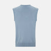 View 3 of product The Frost Blue Cashmere V-neck Vest by Turnbull & Asser features a sleeveless knit design and ribbed edges, shown on a white background—a sophisticated addition to gentleman’s fashion.