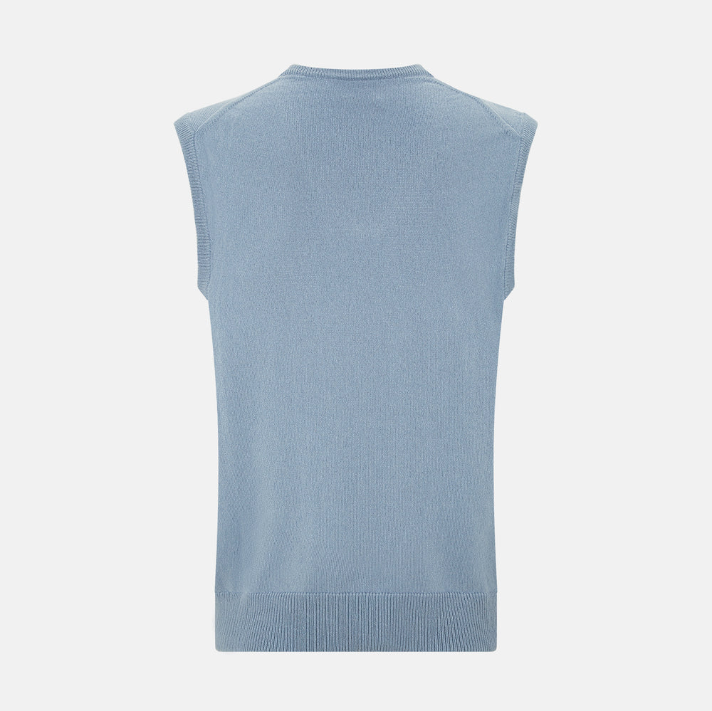 The Frost Blue Cashmere V-neck Vest by Turnbull & Asser features a sleeveless knit design and ribbed edges, shown on a white background—a sophisticated addition to gentleman’s fashion.