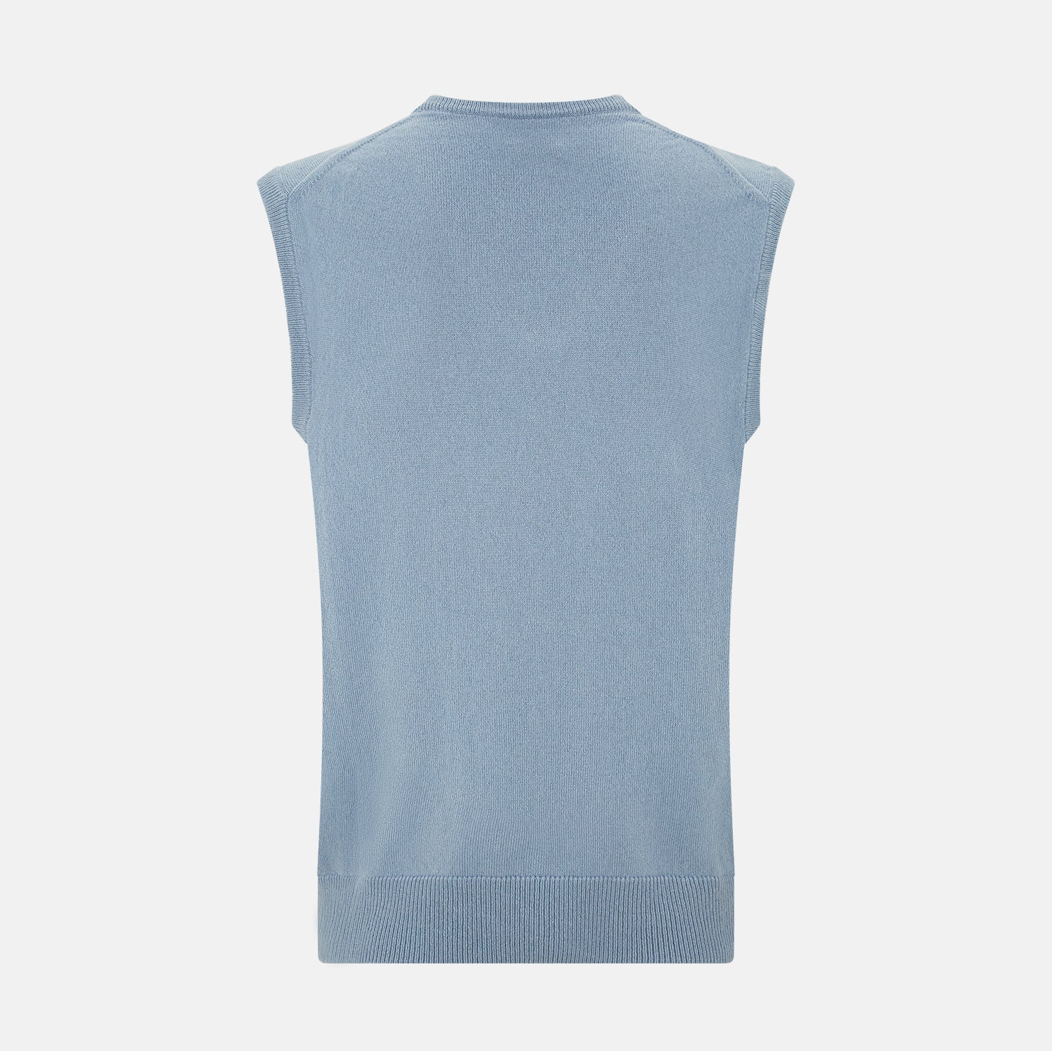 View 3 of product The Frost Blue Cashmere V-neck Vest by Turnbull & Asser features a sleeveless knit design and ribbed edges, shown on a white background—a sophisticated addition to gentleman’s fashion.