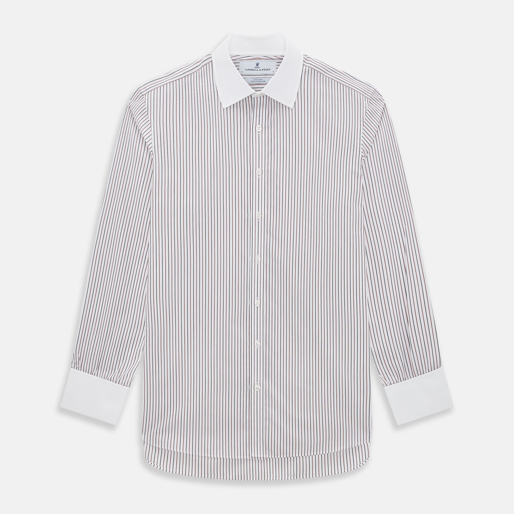 The Red Double Stripe Shirt with contrast T&A collar and cuffs by Turnbull & Asser features classic thin vertical red stripes and solid white collar and cuffs, laid flat on a white background for a timeless look.