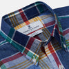 View 3 of product The Blue Multi Check Linen Weekend Fit Suffolk Shirt by Turnbull & Asser features a classic collar, white buttons, chest pocket, and colorful blue, green, yellow, red, and white plaid—perfect for a casual weekend look.