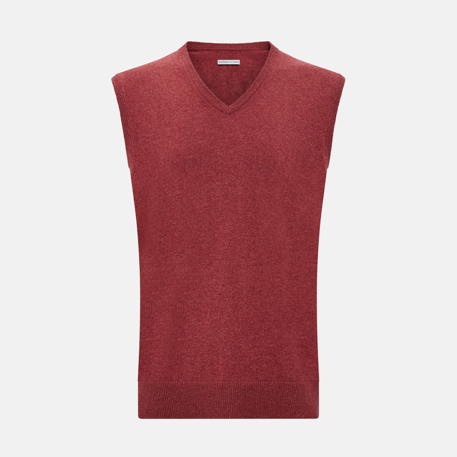 View 1 of product A refined piece from Turnbull & Asser, the Antique Pink Cashmere V-Neck Vest features a sleeveless design with a ribbed hem, shown against a plain white background.