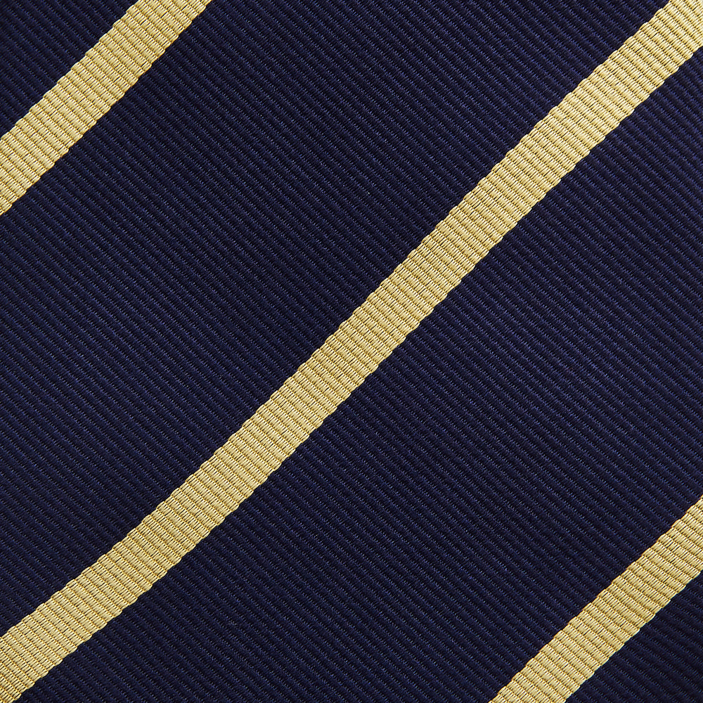 The Turnbull & Asser BLAZER STRIPE NAVY LEO TIE features classic navy with diagonal yellow stripes—an essential accessory to elevate any smart outfit.