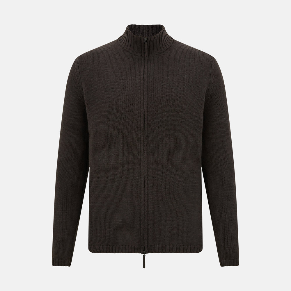 The Brown Merino High Neck Zipped Cardigan by Turnbull & Asser features long sleeves, ribbed cuffs and hem, and is shown on a white background as part of our knitwear collection.