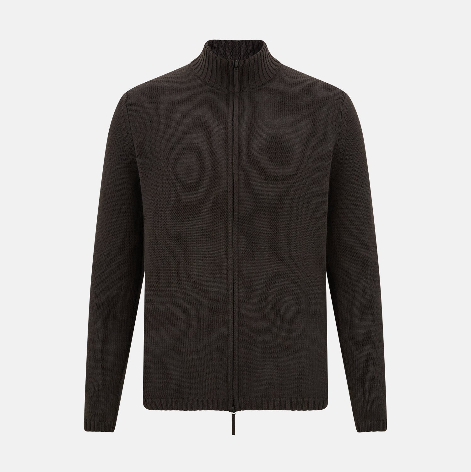 View 1 of product The Brown Merino High Neck Zipped Cardigan by Turnbull & Asser features long sleeves, ribbed cuffs and hem, and is shown on a white background as part of our knitwear collection.