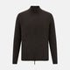 The Brown Merino High Neck Zipped Cardigan by Turnbull & Asser features long sleeves, ribbed cuffs and hem, and is shown on a white background as part of our knitwear collection.