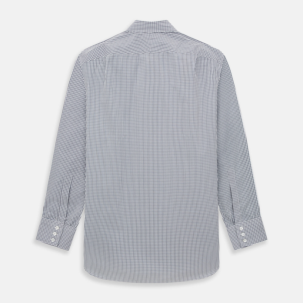 The Grey Double Graph Mayfair Shirt by Turnbull & Asser is a long-sleeve, button-down cotton shirt with a black and white double graph check, chest pocket, and classic collar.