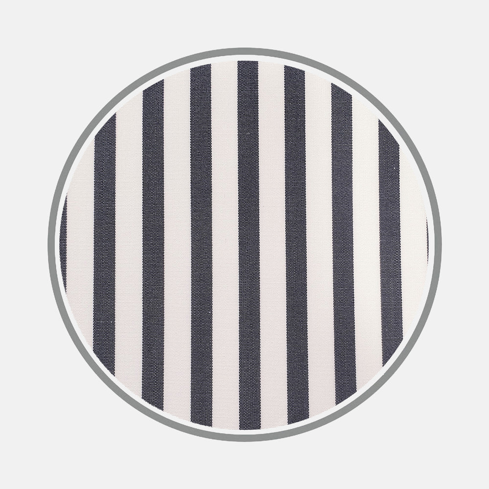 A circular swatch of Turnbull & Asser Black Candy Stripe Cotton Fabric displays vertical black and white stripes with a gray border, set against a plain light background.