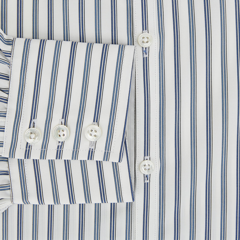 The Sapphire Blue Multi Track Stripe Westminster Shirt by Turnbull & Asser features a turnbull collar and vertical stripes, elegantly displayed flat against a white background—an ideal example of British craftsmanship.