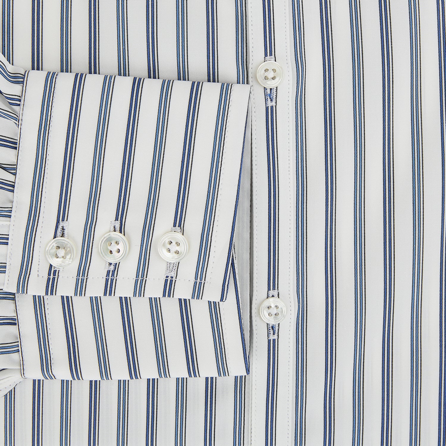 View 4 of product The Sapphire Blue Multi Track Stripe Westminster Shirt by Turnbull & Asser features a turnbull collar and vertical stripes, elegantly displayed flat against a white background—an ideal example of British craftsmanship.