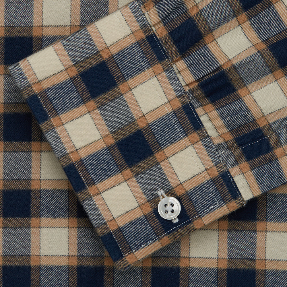 The Turnbull & Asser Blue Multi Check Weekend Fit Shirt features a Derby collar and 1-button cuffs, perfect for winter layering, shown here on a plain white background.