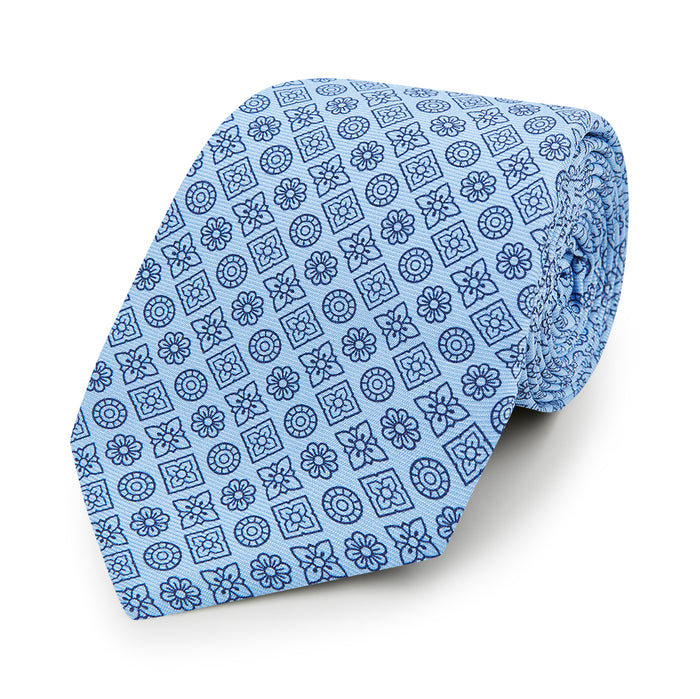 Blue Floral Tile Pattern Printed Silk Tie Image 4
