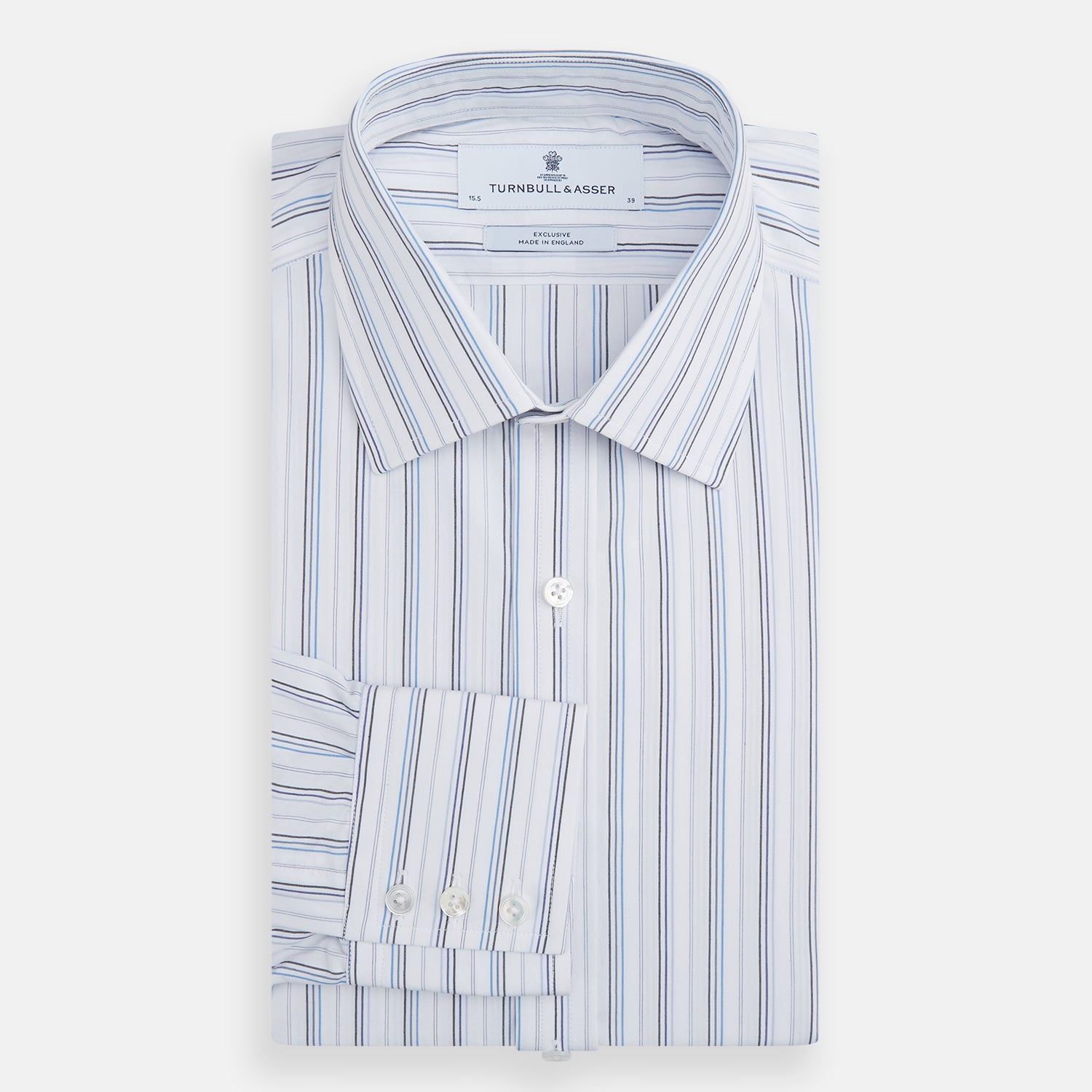 View 4 of product The Turnbull & Asser Blue Fine Multi Pinstripe Mayfair Shirt features long sleeves, an organic cotton build, a T&A collar, and vertical blue stripes. Laid neatly on a white background.