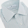 View 2 of product The Turnbull & Asser Green and Burgundy Pinstripe Mayfair Shirt, a long-sleeved, button-down with a classic collar, is ideal for formal wear and shown flat on a white background.