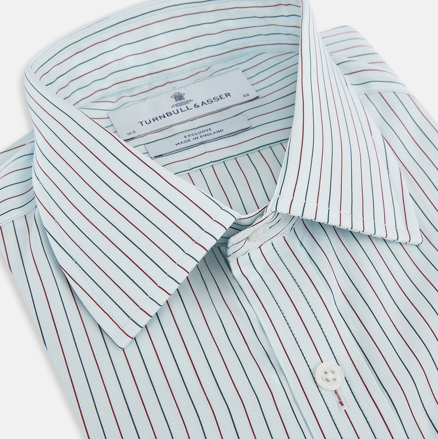 View 2 of product The Turnbull & Asser Green and Burgundy Pinstripe Mayfair Shirt, a long-sleeved, button-down with a classic collar, is ideal for formal wear and shown flat on a white background.