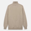 View 3 of product The Beige Lennox Half-Zip Jumper by Turnbull & Asser is a stylish cashmere knit with long sleeves, high collar, and half-length front zipper, finished with ribbed cuffs and hem. Shown against a plain white background.