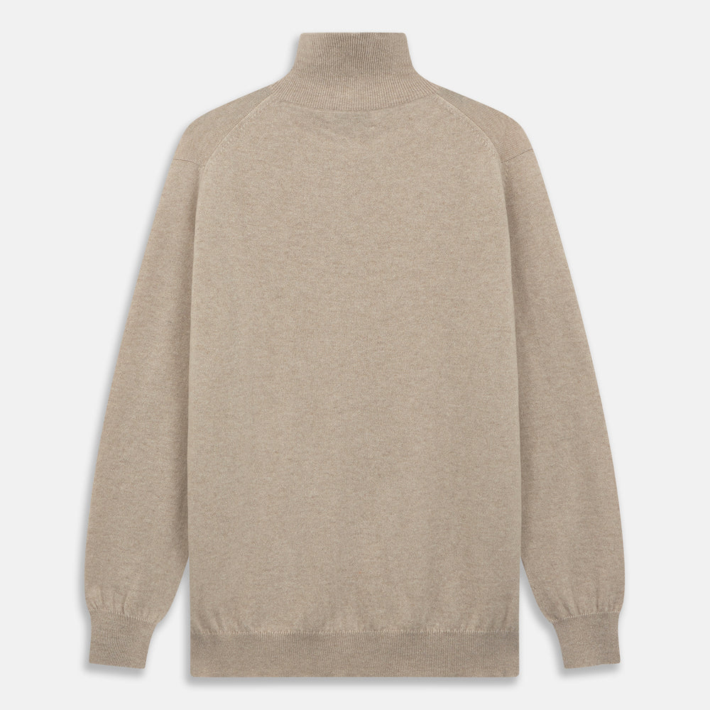 The Beige Lennox Half-Zip Jumper by Turnbull & Asser is a stylish cashmere knit with long sleeves, high collar, and half-length front zipper, finished with ribbed cuffs and hem. Shown against a plain white background.
