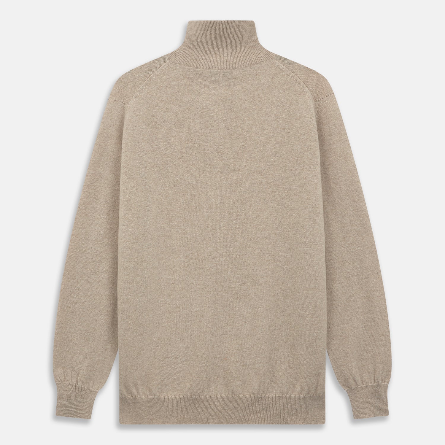 View 3 of product The Beige Lennox Half-Zip Jumper by Turnbull & Asser is a stylish cashmere knit with long sleeves, high collar, and half-length front zipper, finished with ribbed cuffs and hem. Shown against a plain white background.