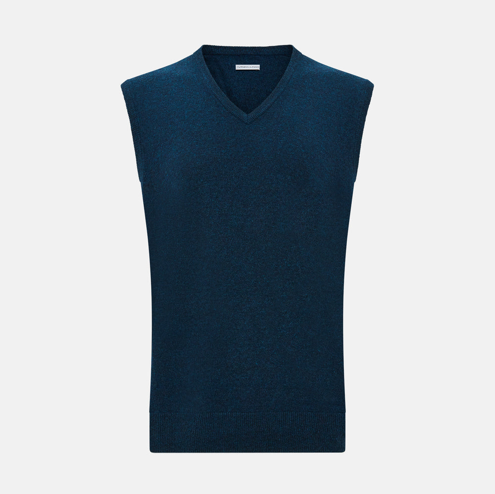 The Turnbull & Asser Dark Green Melange Cashmere V-Neck Vest is a sophisticated men’s sleeveless knitwear piece, shown against a plain white background.