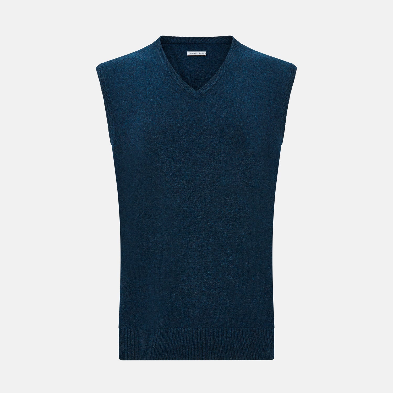 View 1 of product The Turnbull & Asser Dark Green Melange Cashmere V-Neck Vest is a sophisticated men’s sleeveless knitwear piece, shown against a plain white background.
