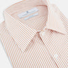 View 2 of product The Orange Multi Stripe Westminster Shirt by Turnbull & Asser features thin vertical orange and white stripes, a Turnbull collar, and long sleeves, elegantly displayed flat against a white background.