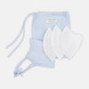 View 6 of product Turnbull & Asser's Exclusive Light Blue, White & Pink Stripe Commuter Mask features ear loops tied in bows and includes 3 VIROFORMULA™ filters for enhanced protection and comfort.