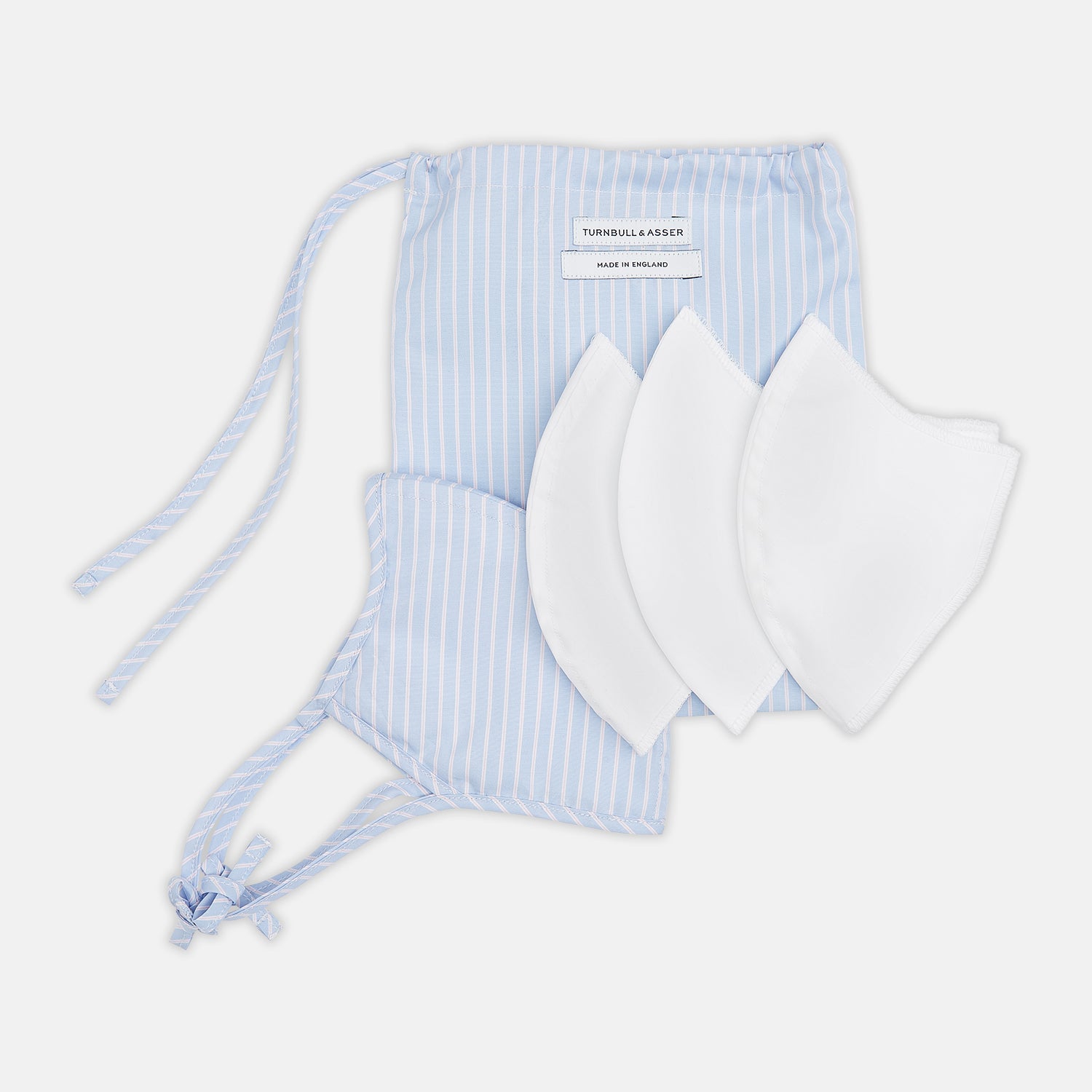 View 6 of product Turnbull & Asser's Exclusive Light Blue, White & Pink Stripe Commuter Mask features ear loops tied in bows and includes 3 VIROFORMULA™ filters for enhanced protection and comfort.