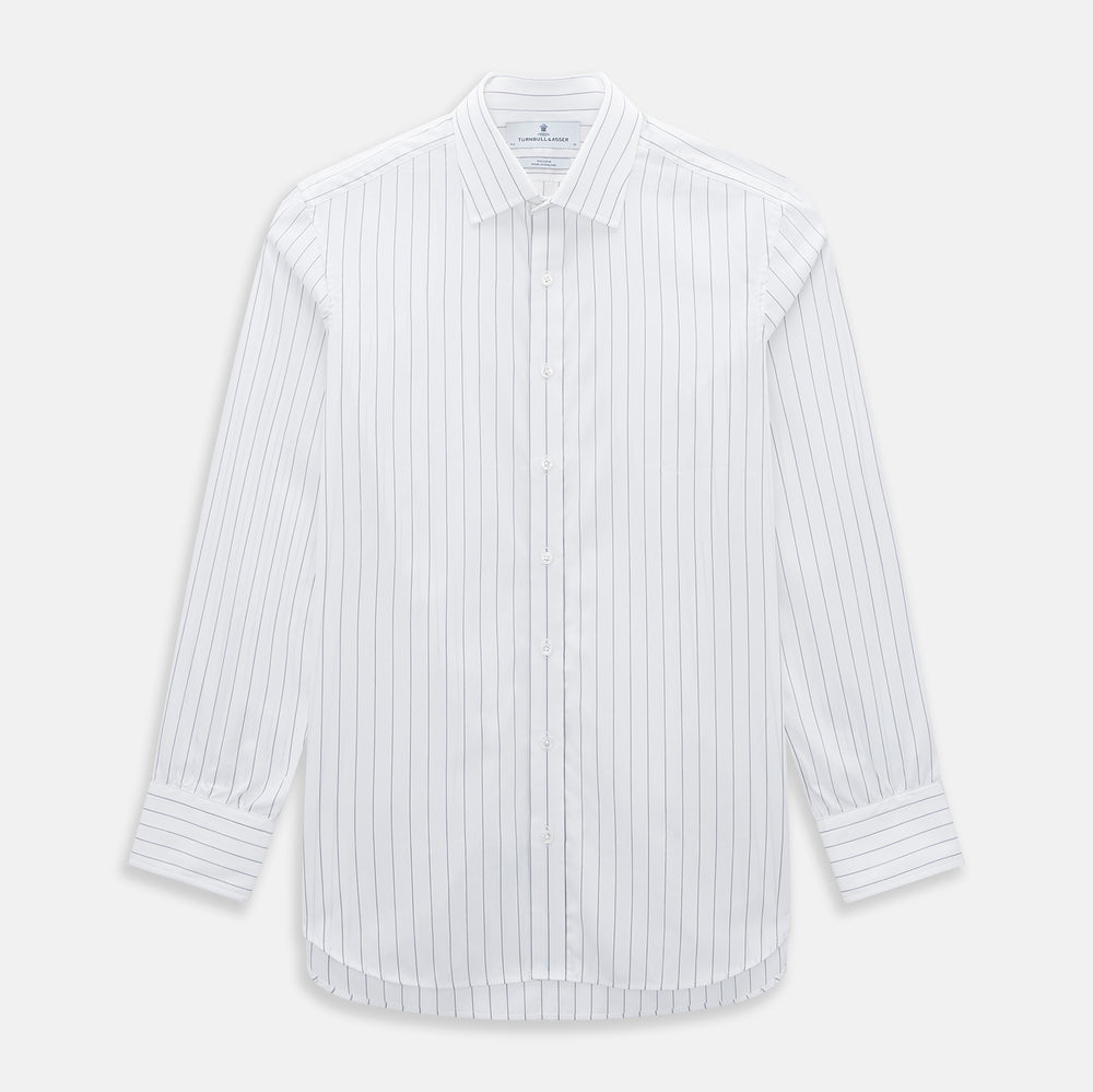 The Turnbull & Asser Navy Hairline Multi Stripe Mayfair Shirt, made from fine Italian cotton with navy stripes, a pointed collar, and buttoned cuffs, is shown laid flat on a plain white background.