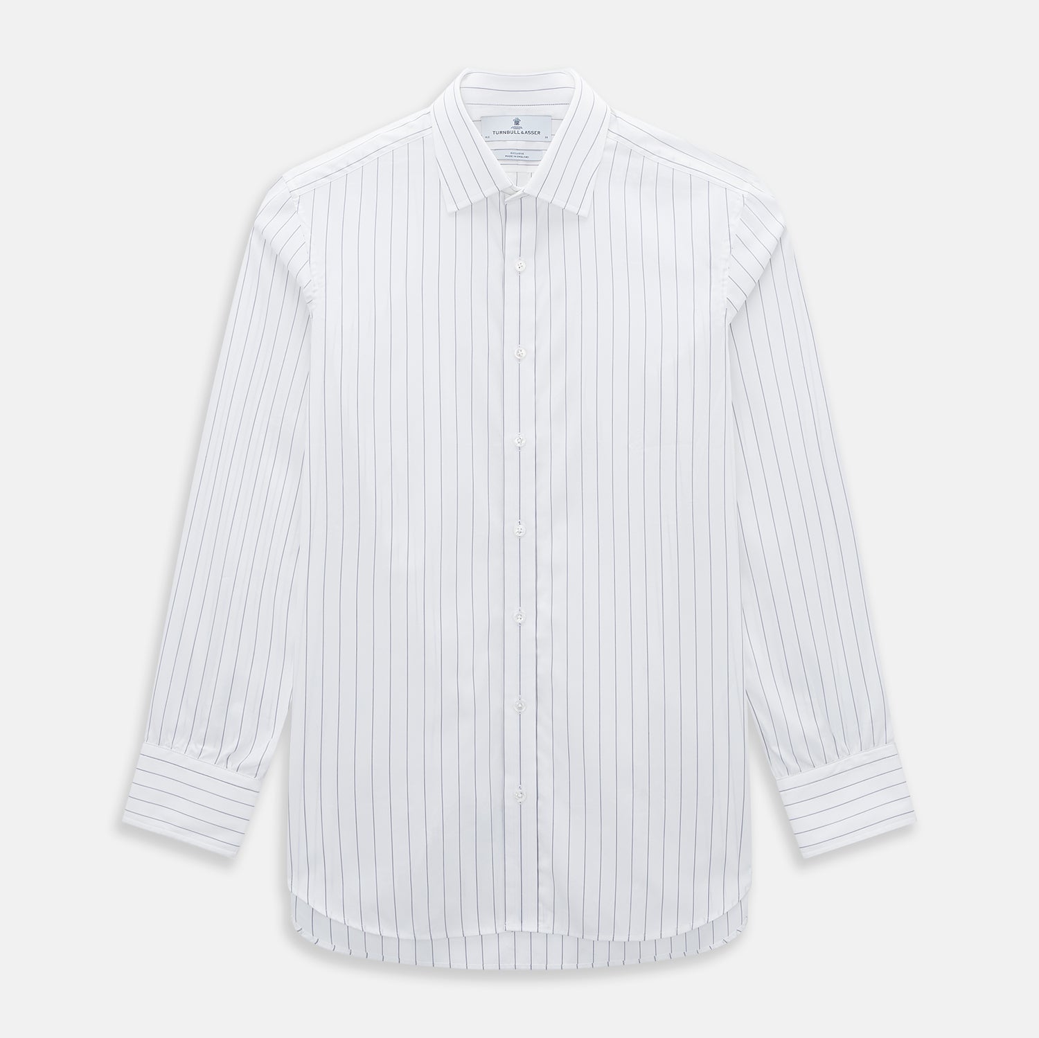 View 1 of product The Turnbull & Asser Navy Hairline Multi Stripe Mayfair Shirt, made from fine Italian cotton with navy stripes, a pointed collar, and buttoned cuffs, is shown laid flat on a plain white background.