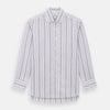 View 1 of product The Purple Multi Stripe Mayfair Shirt by Turnbull & Asser is a long-sleeve, collared button-up featuring vertical blue and purple stripes on white, ideal for formal occasions. The shirt is neatly displayed flat against a white background.