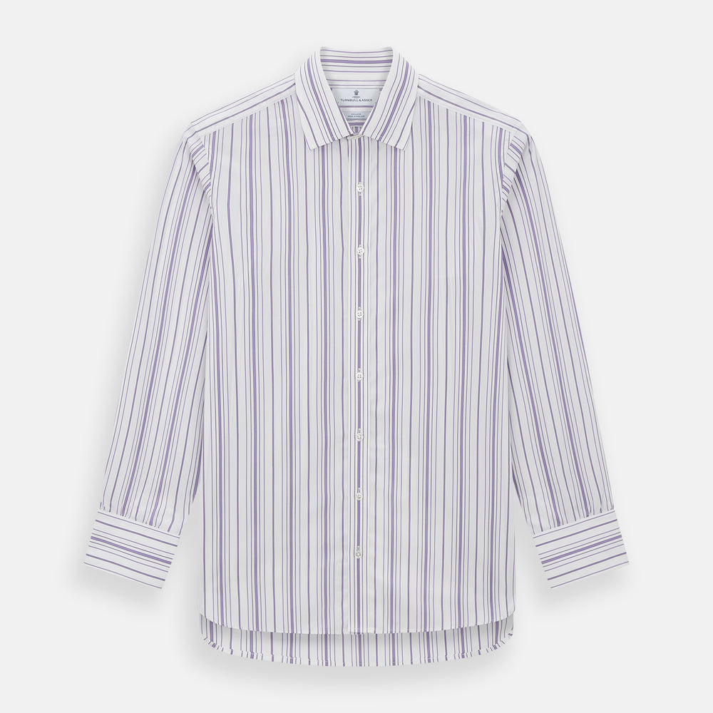 The Purple Multi Stripe Mayfair Shirt by Turnbull & Asser is a long-sleeve, collared button-up featuring vertical blue and purple stripes on white, ideal for formal occasions. The shirt is neatly displayed flat against a white background.