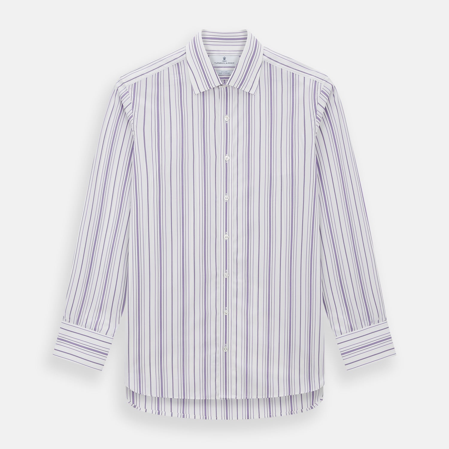 View 1 of product The Purple Multi Stripe Mayfair Shirt by Turnbull & Asser is a long-sleeve, collared button-up featuring vertical blue and purple stripes on white, ideal for formal occasions. The shirt is neatly displayed flat against a white background.