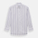 The Purple Multi Stripe Mayfair Shirt by Turnbull & Asser is a long-sleeve, collared button-up featuring vertical blue and purple stripes on white, ideal for formal occasions. The shirt is neatly displayed flat against a white background.