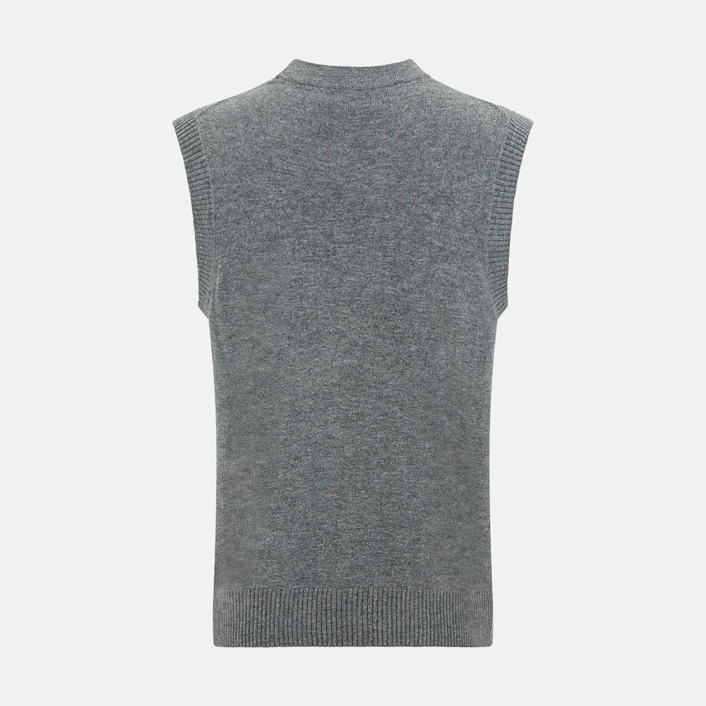 The Turnbull & Asser Ash Grey V-neck Sleeveless Cardigan features a button-up front, two front pockets, and ribbed edges, shown against a plain white background.